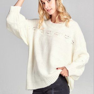Ivory Eyelet Cutout Chunky Knit Oversize Sweater